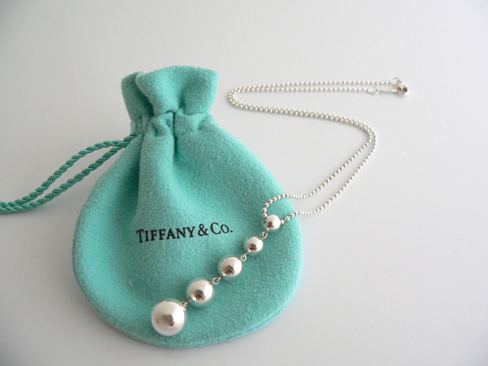 Tiffany & Co Silver Graduated Bead Dangle Ball Drop Necklace Pendant Gift Pouch