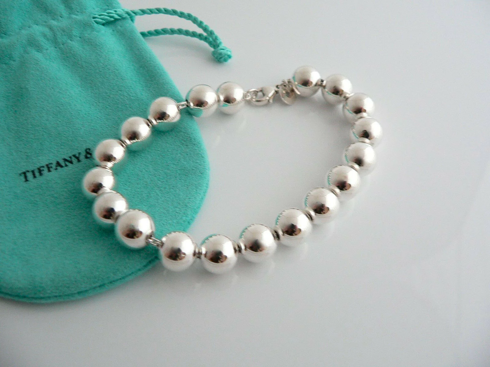 Tiffany & Co Silver Ball Bead Bracelet Bangle 8 Inch Longer Length Gift Pouch
