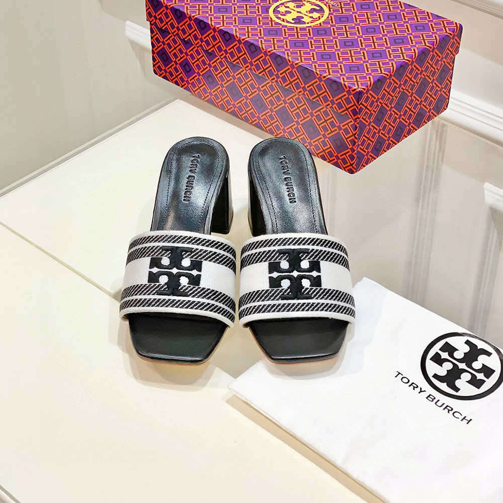 Tory Burch Fabric Flip-flops With Chunky Heels Sandals Slide (Replica)
