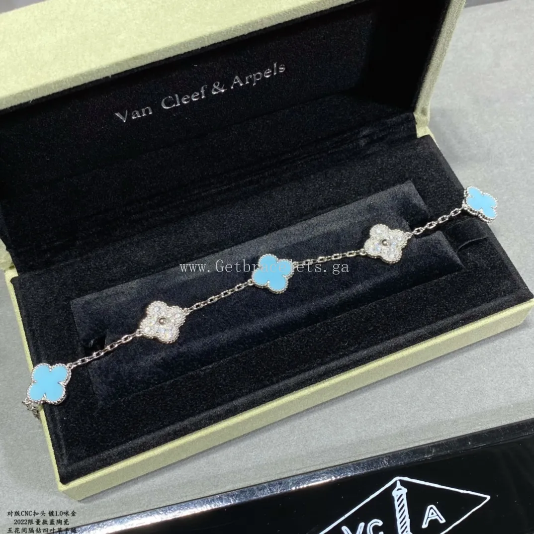 Van Cleef & Arpels Vintage Alhambra Bracelet 5 Motifs Turquoise and White Gold With Diamonds