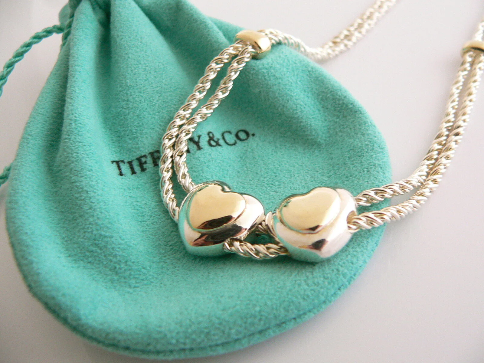 Tiffany & Co Silver 18K Gold Double Rope Sliding Puff Heart Necklace Charm Love