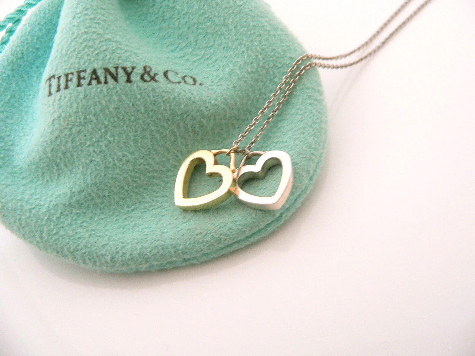 Tiffany & Co Silver 18K Yellow Gold Double Two Hearts Necklace Gift Pouch Love
