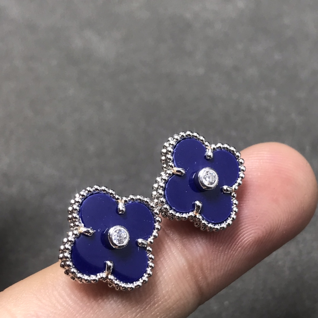 Van Cleef & Arpels Blue Clover Stud Earrings with Diamonds, Vintage Alhambra earrings