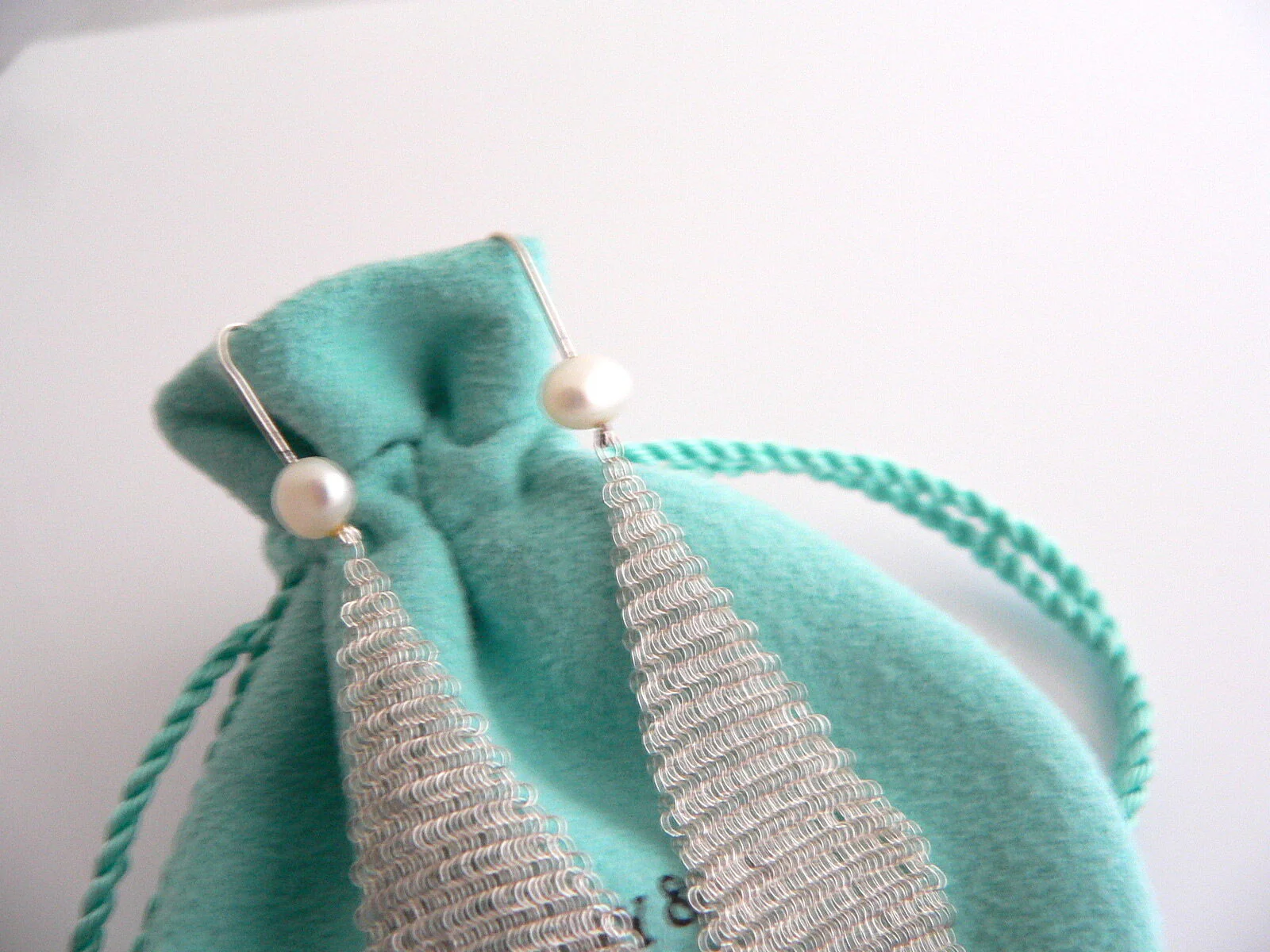 Tiffany & Co Silver Large 3 Inch Pearl Mesh Drop Dangling Dangle Earrings Gift