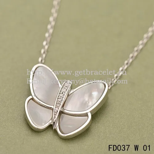 Van Cleef & Arpels Flying Butterfly Pendant Necklace White Gold With White Mother Of Pearl Diamonds