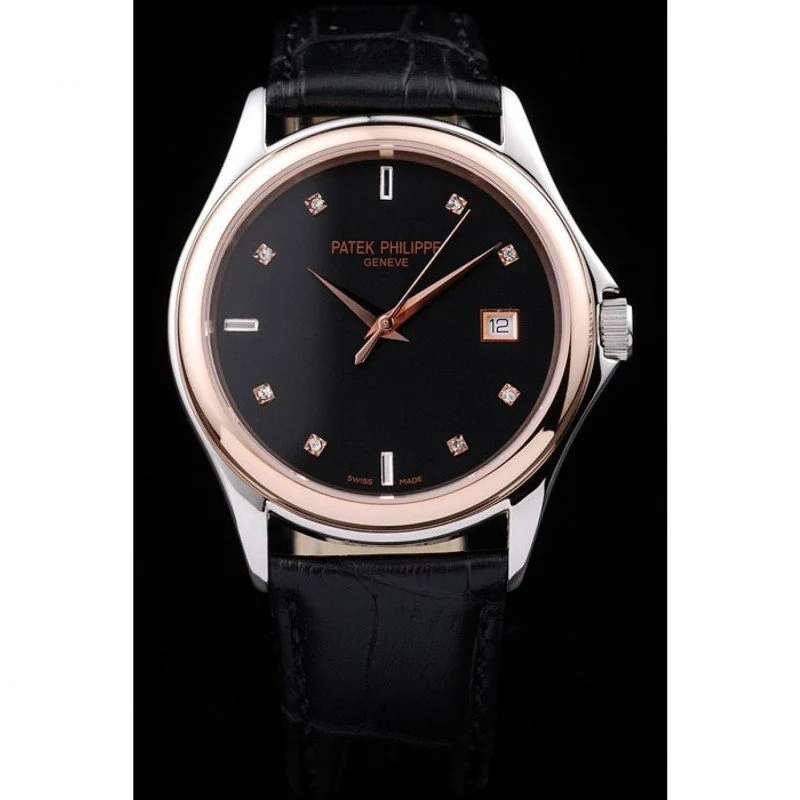 Geneve Calatrava Crystal Studded Dial Black 38 mm, Stainless Steel