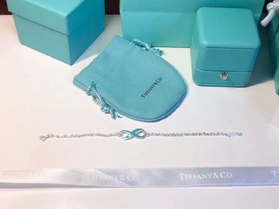 Fashion Tiffany Infinity Silver Double Chains Fashion Blue Enamel Finish Pendant Bracelet Engagement Lady Jewelrys GRP09427