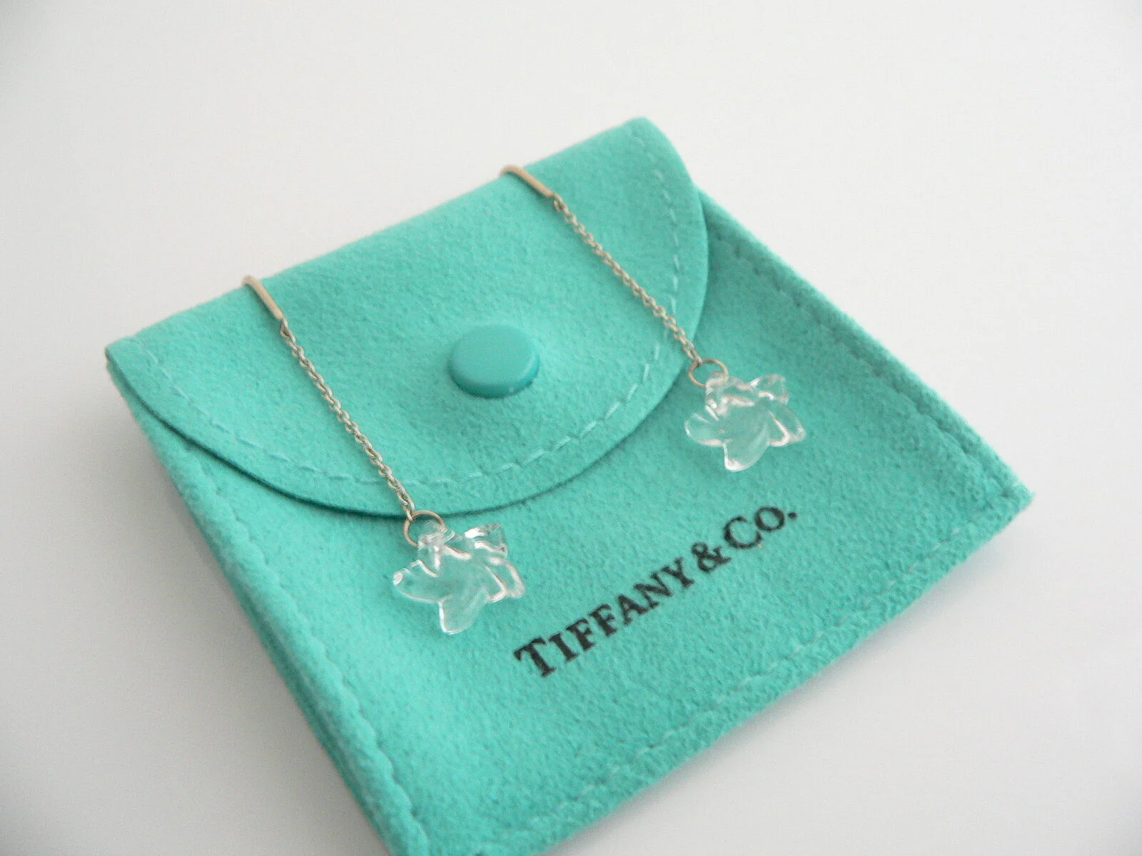 Tiffany & Co Peretti Silver Rock Crystal Star Dangle Earrings Studs Gift Pouch