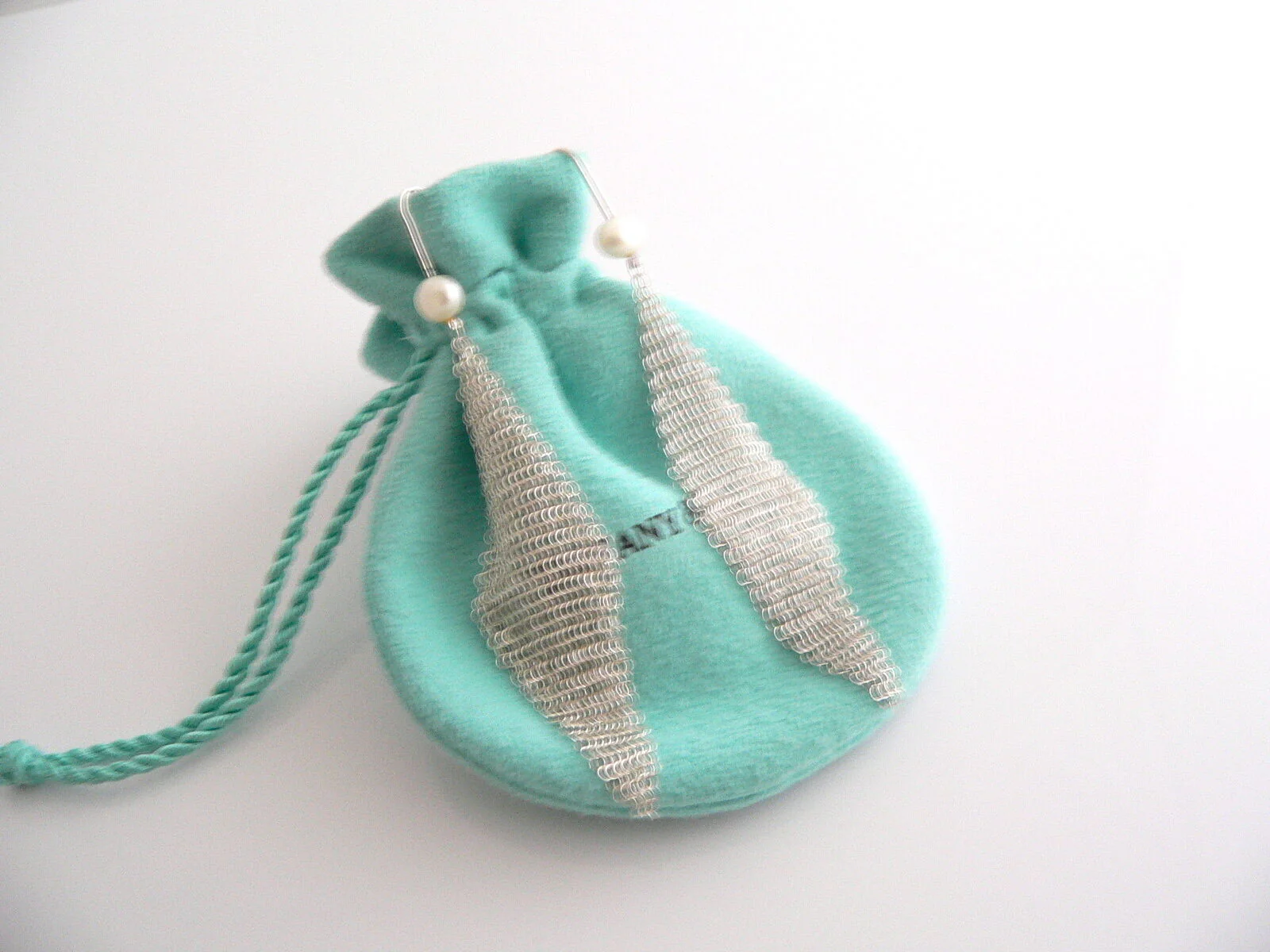 Tiffany & Co Silver Large 3 Inch Pearl Mesh Drop Dangling Dangle Earrings Gift