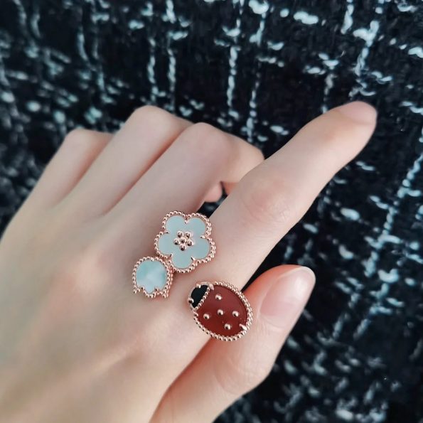Van Cleef Ring Dupe, Ladybird & Double Flower Ring, Rose Gold