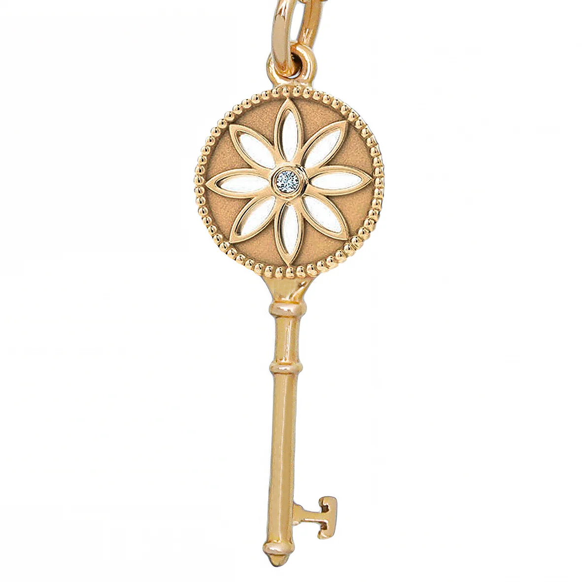 Tiffany & Co 18K Yellow Gold Diamond Daisy Key Pendant Beaded Chain Necklace