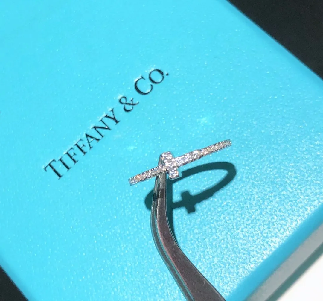 Fine Jewelry Tiffany T 925 Silver Cross Fully-diamonds Ladies Wire Band Ring