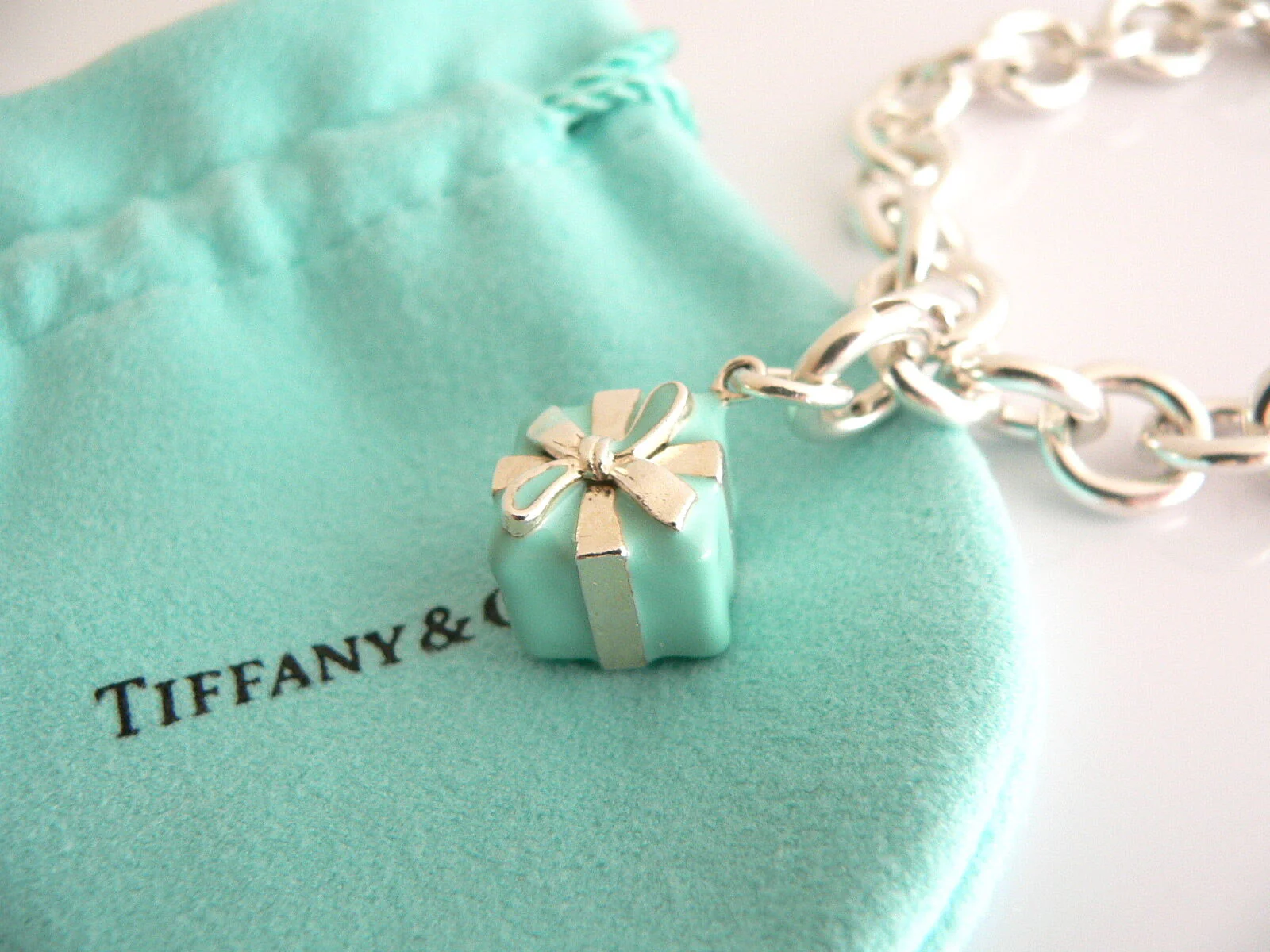 Tiffany & Co Silver Blue Enamel Gift Box Bracelet Bangle Charm Clasp Gift Pouch