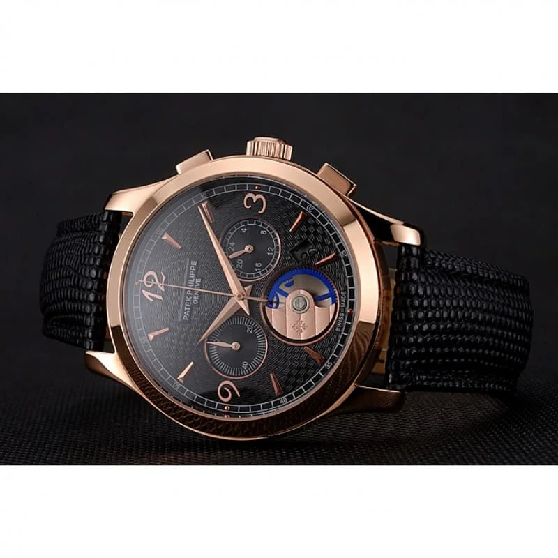Chronograph Black Guilloche Dial Black 43 mm, Rose Gold Plated