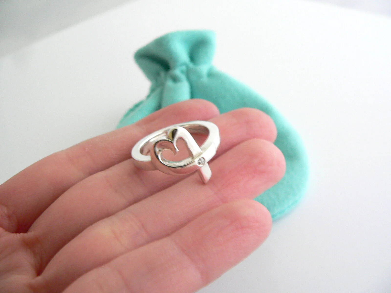 Tiffany & Co Silver Picasso Diamond Loving Heart Ring Band Sz 5 Gift Pouch Love