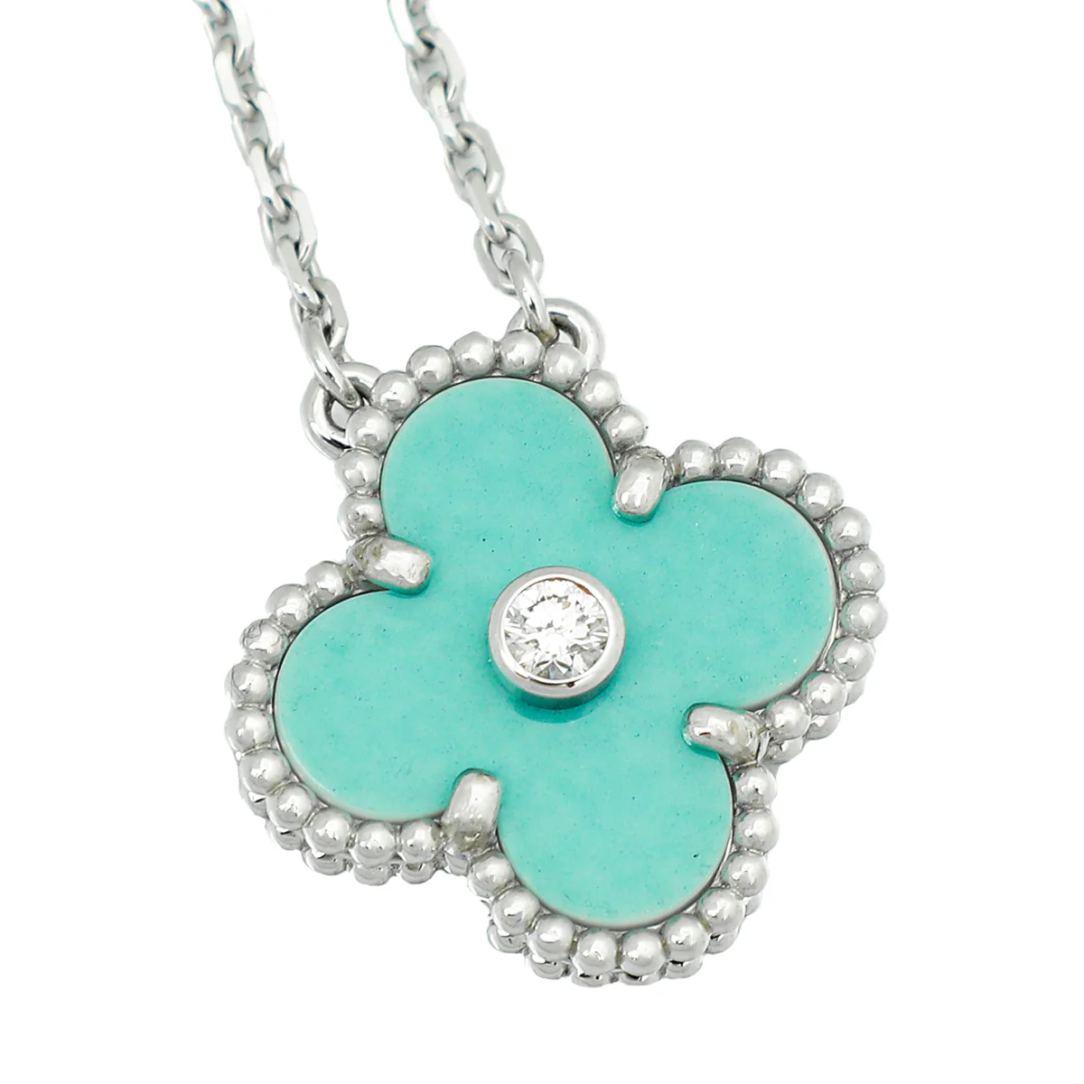 Van Cleef & Arpels 18K White Gold Diamond Holiday Ltd. Ed.Celadon Vintage Alhambra Necklace