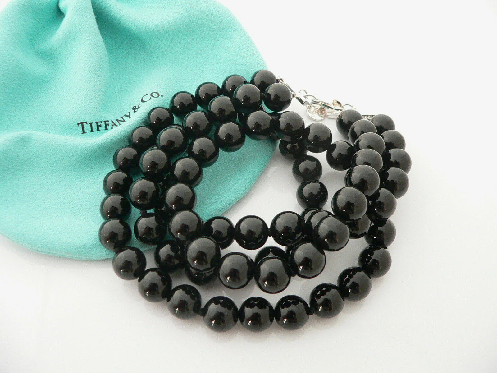 Tiffany & Co Silver Onyx Gemstone Ball Bead Necklace Double Strand Chain Gift