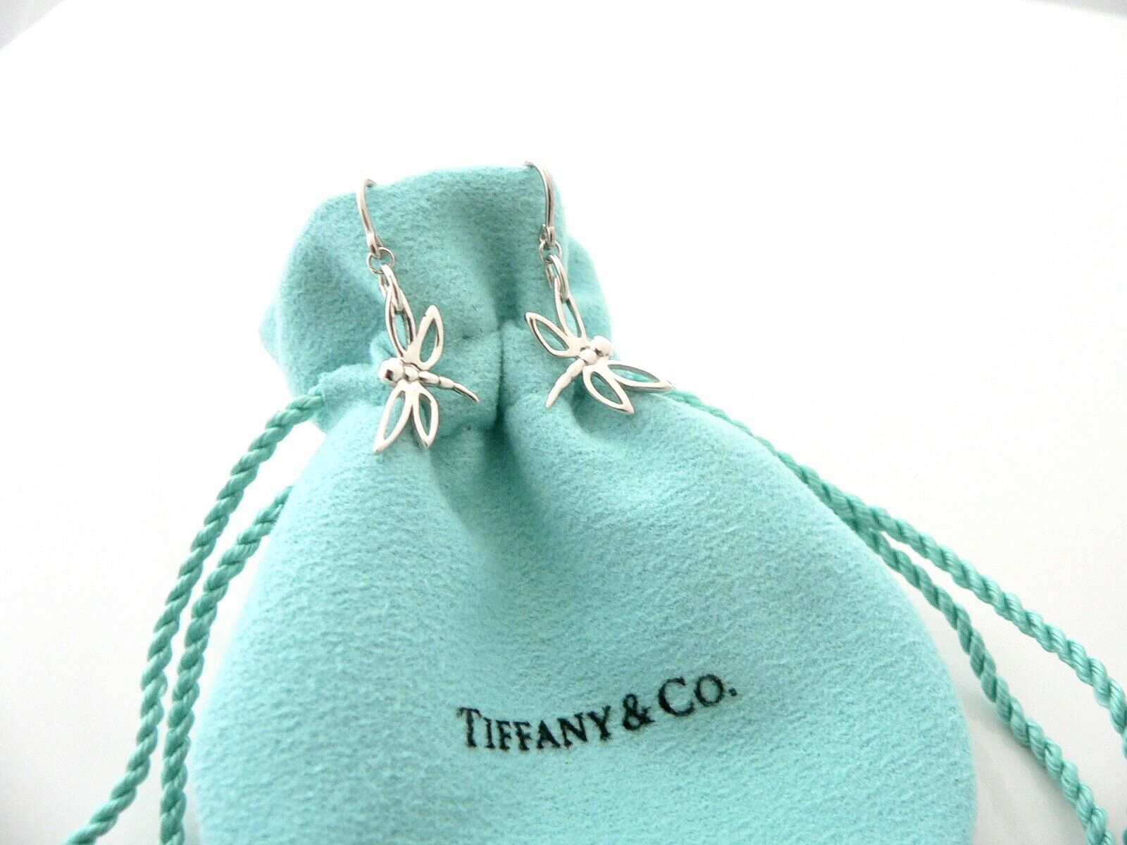 Tiffany & Co Silver Dragonfly Dangling Dangle Earrings Nature Lover Gift Pouch
