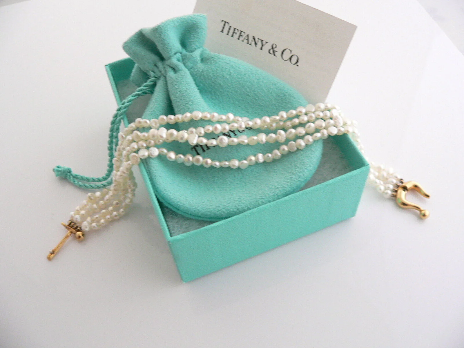 Tiffany & Co 18K Pearl Strand Bracelet Gold Picasso Bangle 8 In Love Gift Pouch