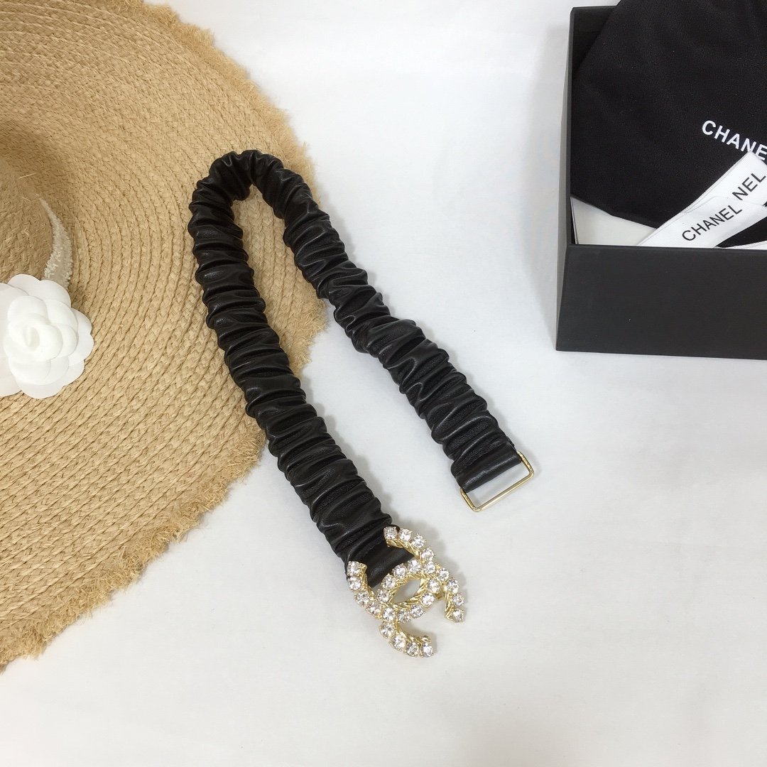 Chanel Belt With Double C Buckle Black With Gold-Toned Metal and Strass Hardware Women Belt 30MM