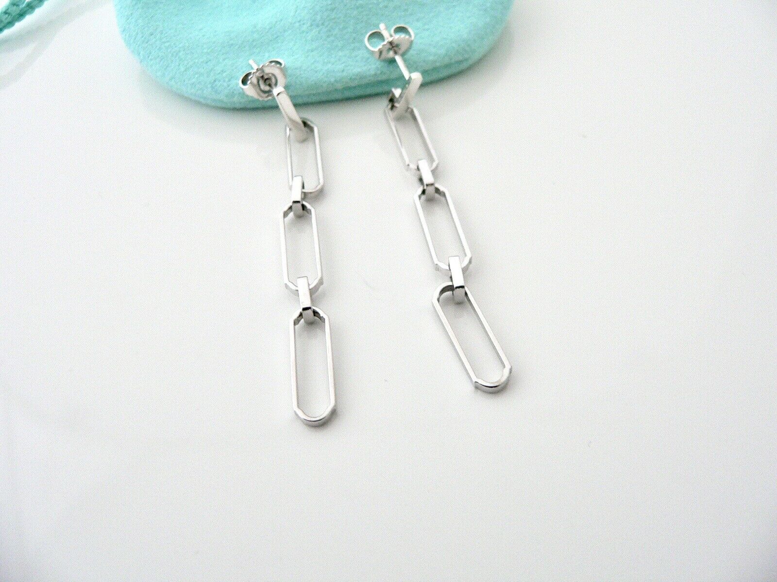 Tiffany & Co Paper Clip Dangling Earrings 18K White Gold Dangle Gift Pouch Love