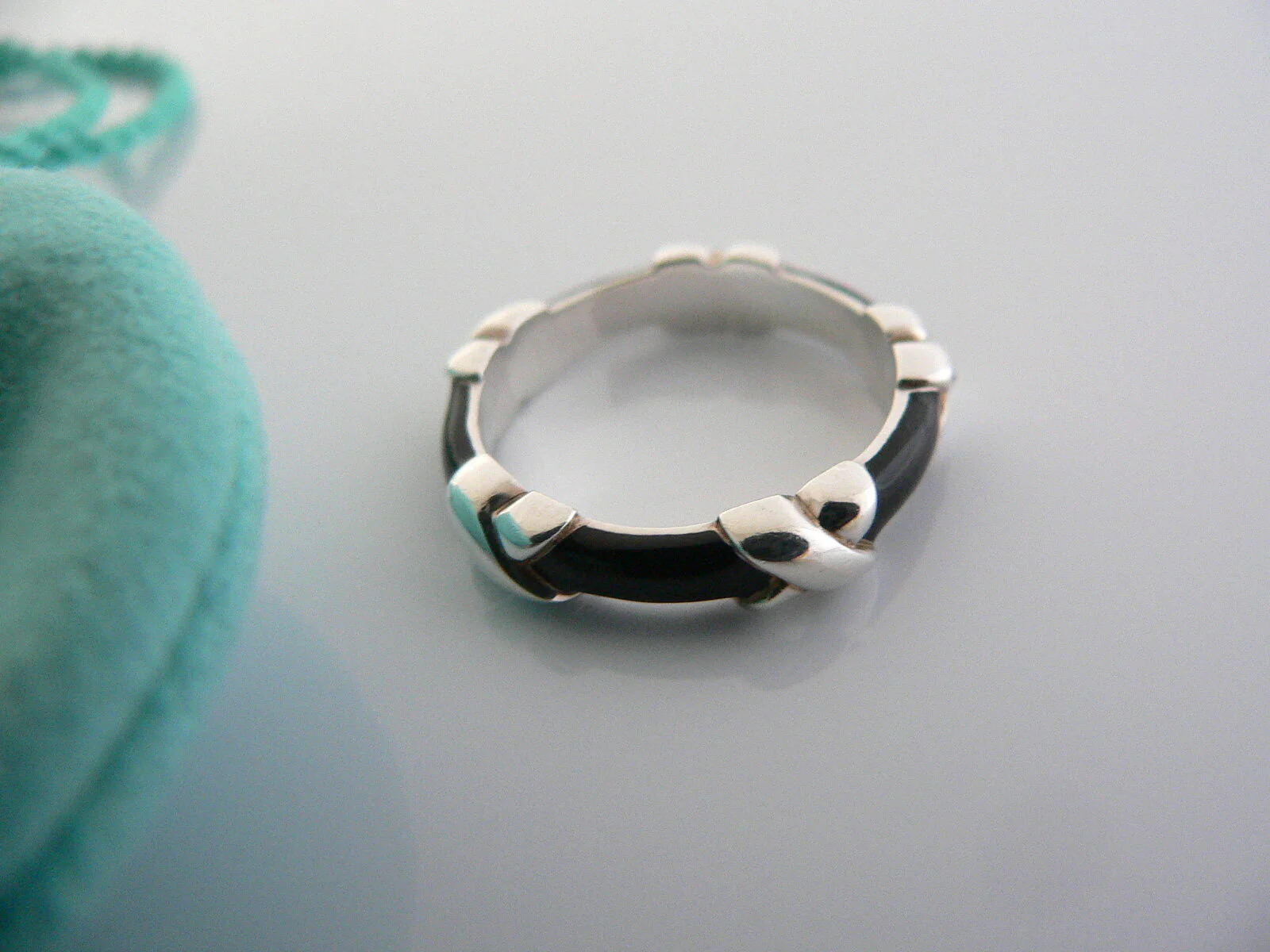 Tiffany & Co Signature X Ring Black Enamel Stacking Band Sz 4.75 Love Gift Pouch