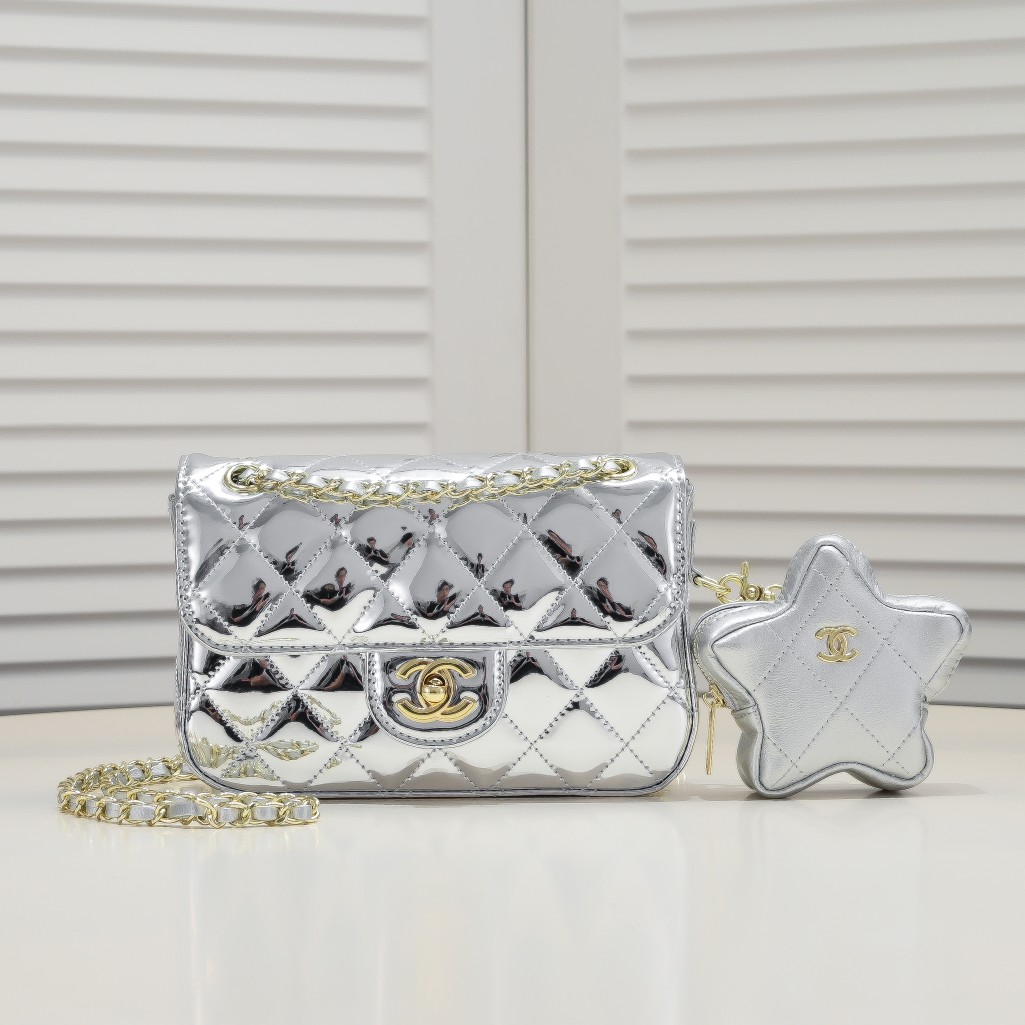 Chanel 24c Star Bag CF Patent Leather Silver Shoulder Bag Handbag