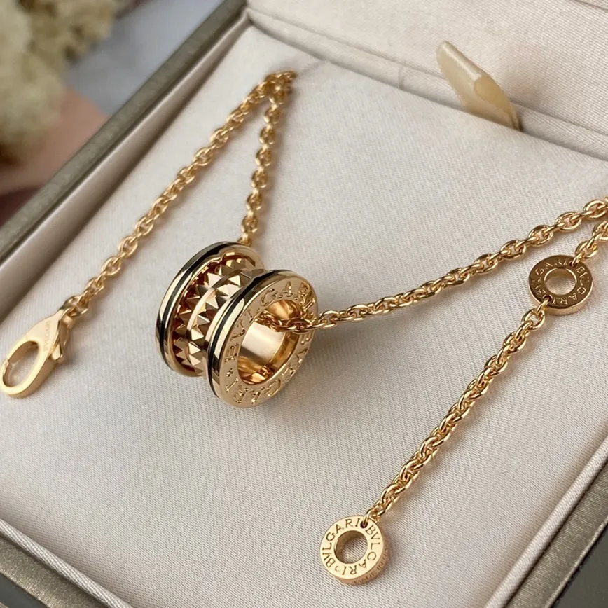 B.zero1 Rock Necklace with 18kt Rose Gold Pendant with Studded Spiral Black Ceramic Inserts on the Edges