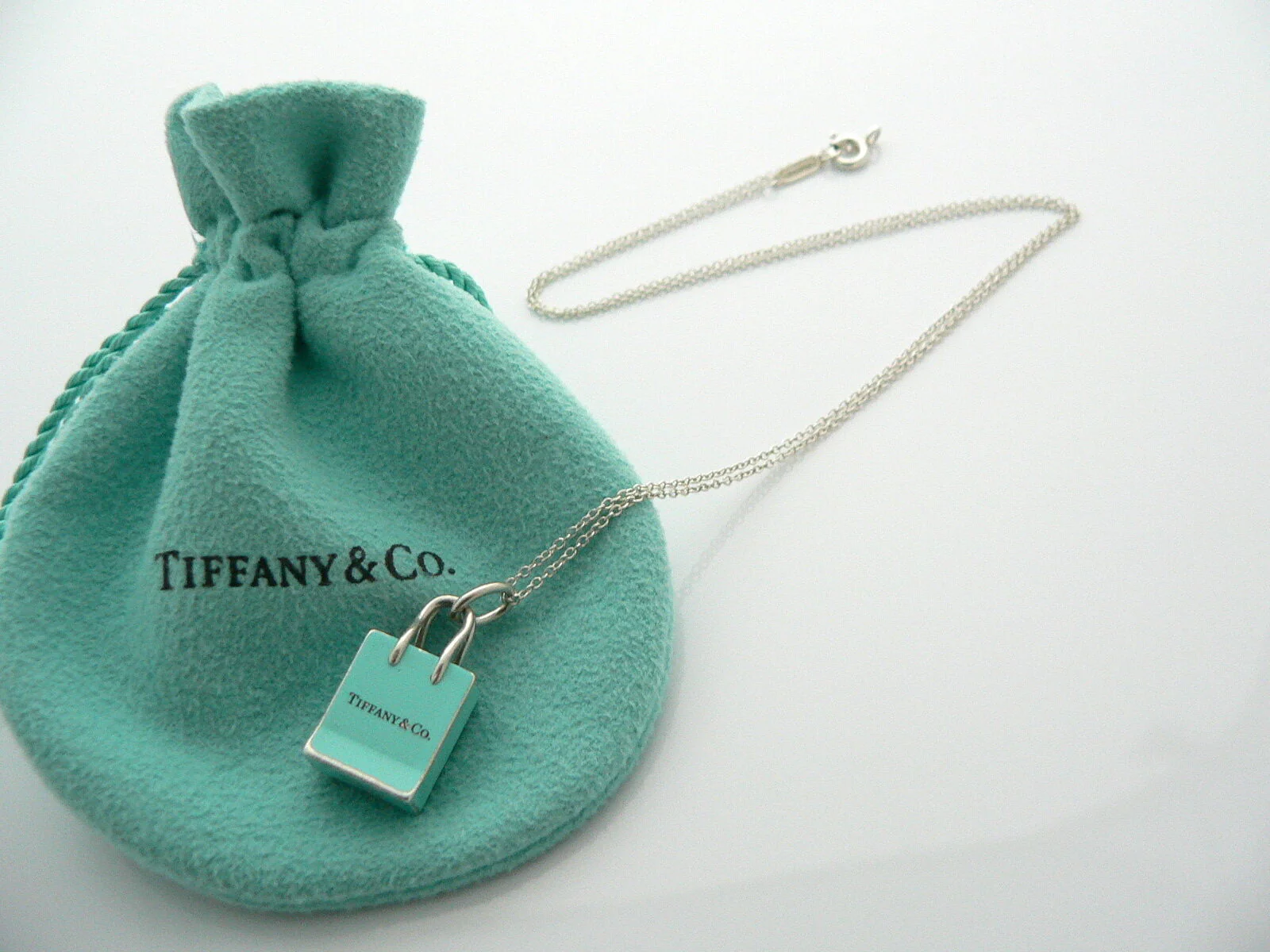 Tiffany & Co Silver Blue Enamel Shopping Bag Necklace Charm Pendant Gift Pouch