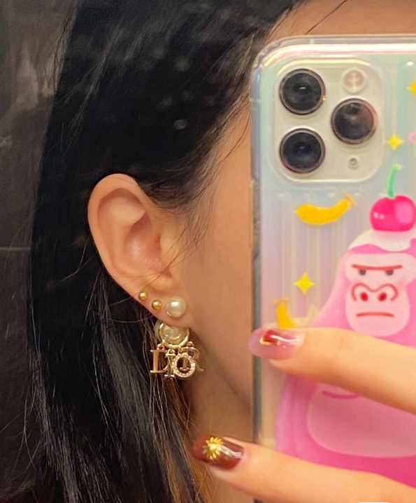 Pearl Stud Earrings with Monogrammed Pendant