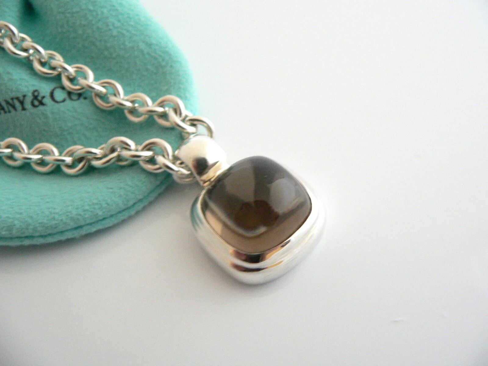 Tiffany & Co Silver Gemstone Toggle Necklace Smoky Quartz Pendant Clasp Gift Art