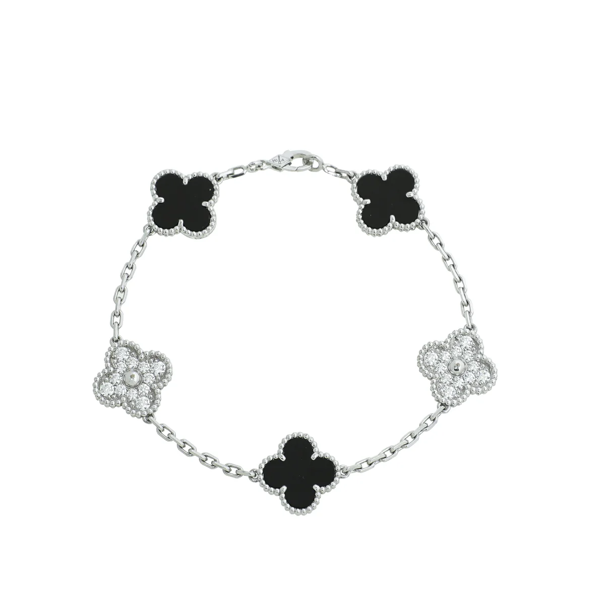 Van Cleef & Arpels 18K White Gold 5 Motifs Diamond Onyx Vintage Alhambra Bracelet