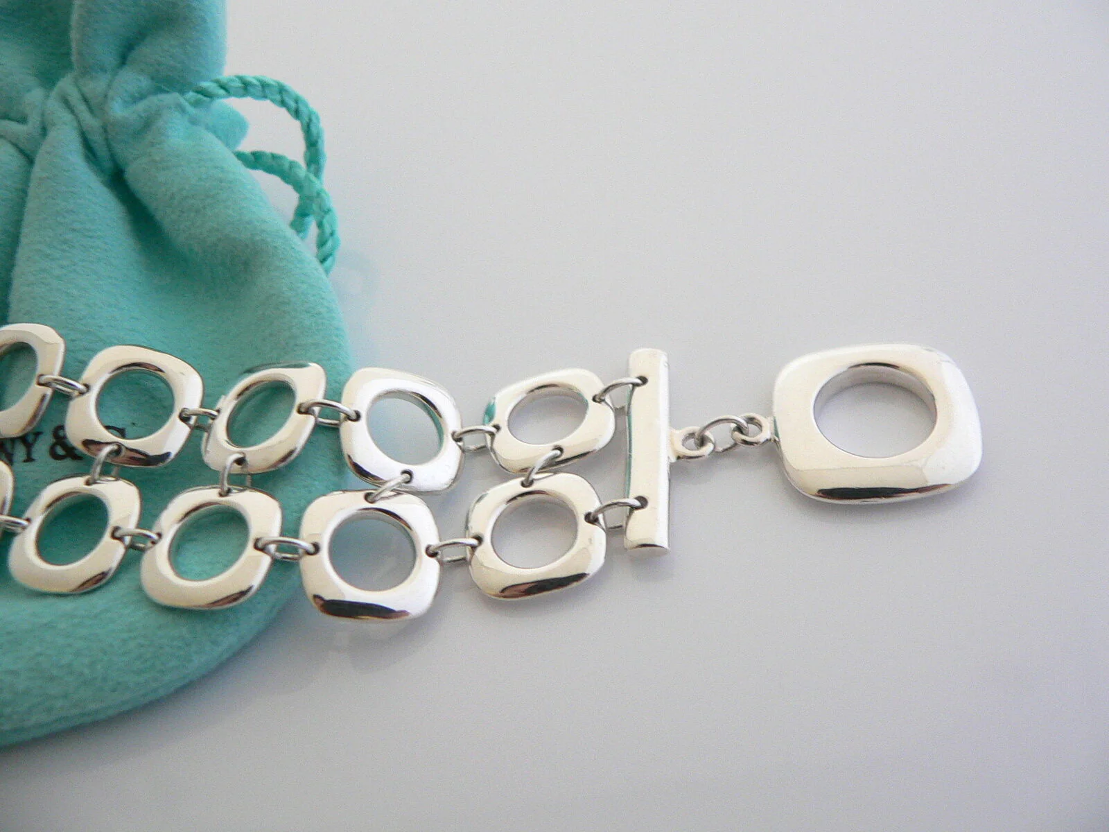 Tiffany & Co Cushion Square Link Toggle Bracelet Silver Double Chain Gift Pouch