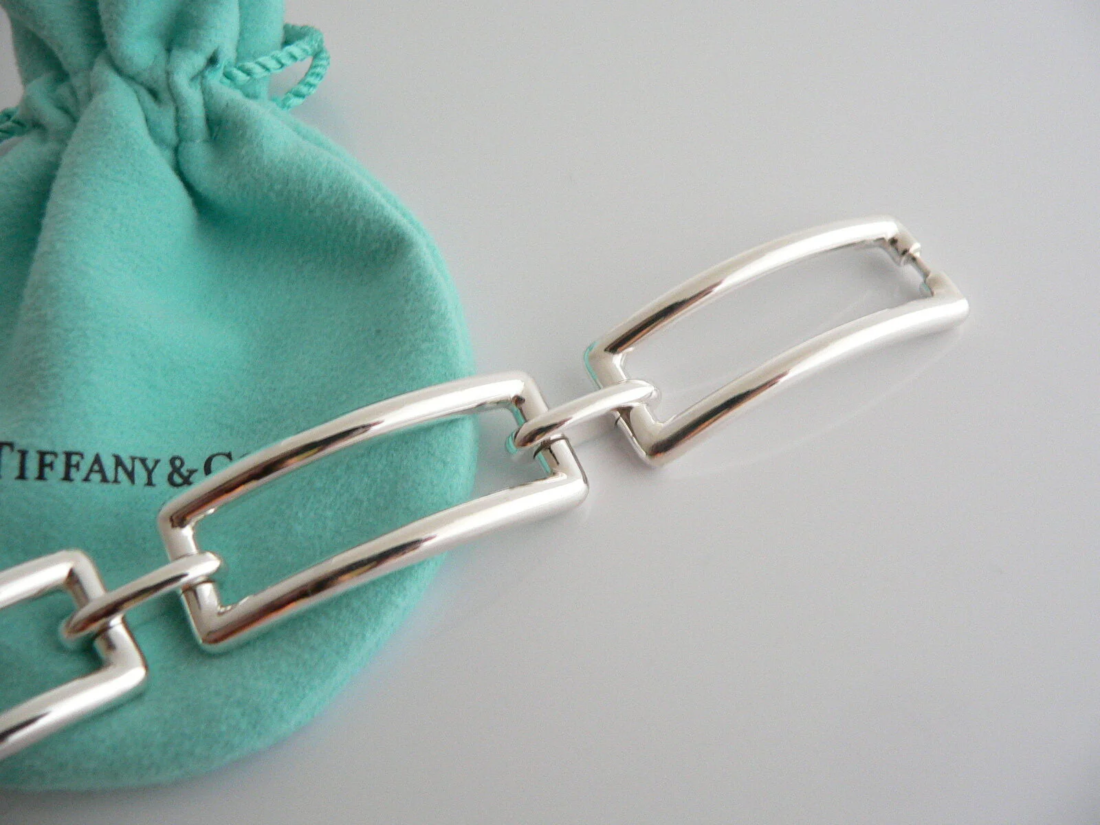 Tiffany & Co Silver Rectangle Link Bracelet Bangle Chain Gift Pouch Love Classic