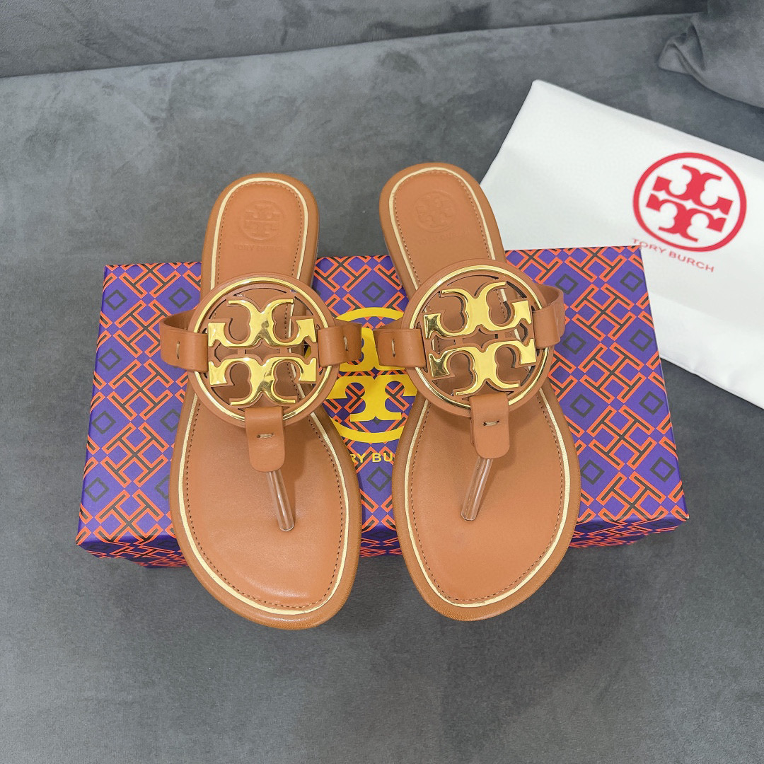 Tory Burch Leather Metal Double T Logo Flip-flops Sandals Slide (Replica)