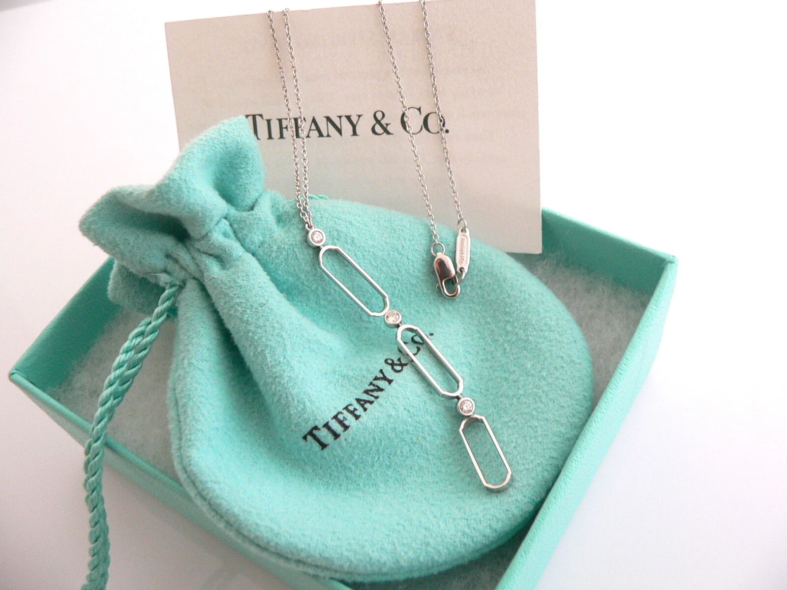 Tiffany & Co 18K Gold Necklace Diamonds Oval Link Paper Clip Dangling Pendant