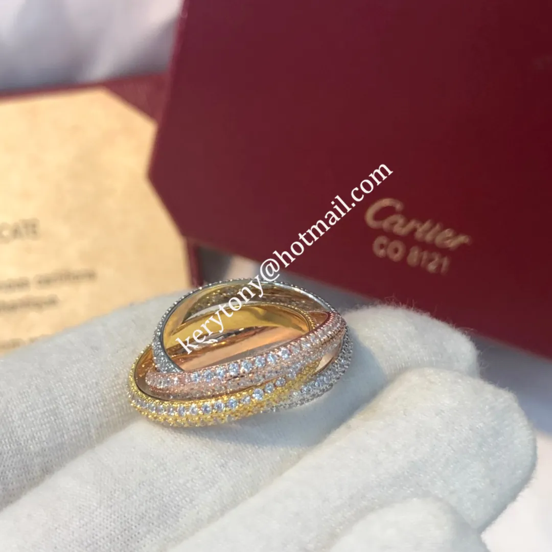 Spring Fashion Cartier Trinity Ring White Gold/Yellow God/Rose Gold With Pave Diamonds N4227600 High End