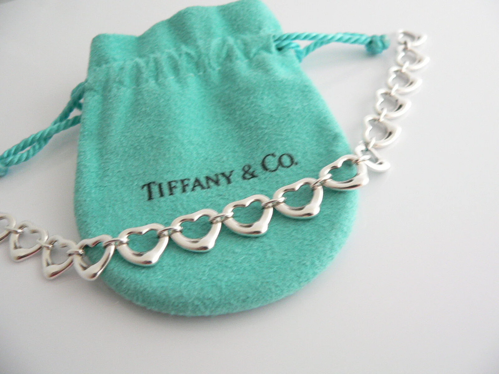 Tiffany & Co Silver Open Heart Link Bracelet Bangle Gift Love Pouch