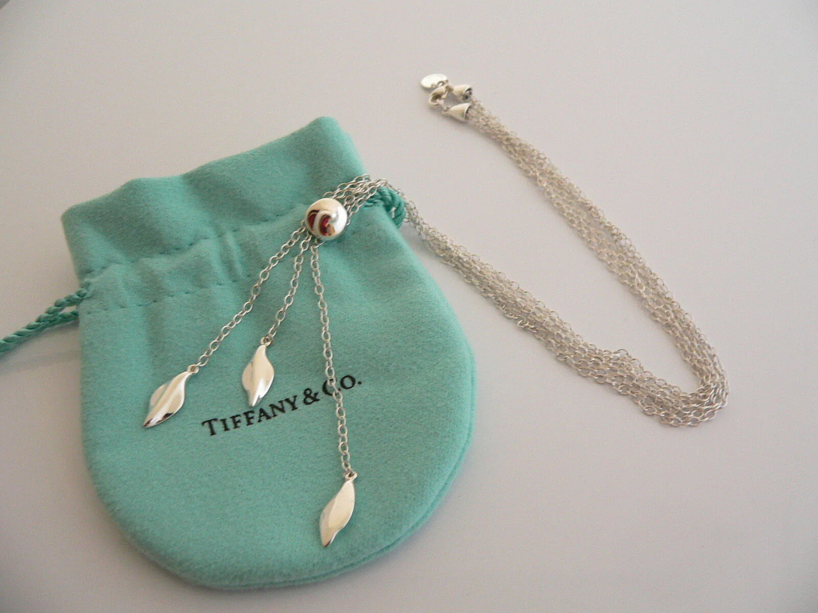 Tiffany & Co Leaf Dangle Necklace Pendant Chain Nature Lover Gift Pouch T and Co