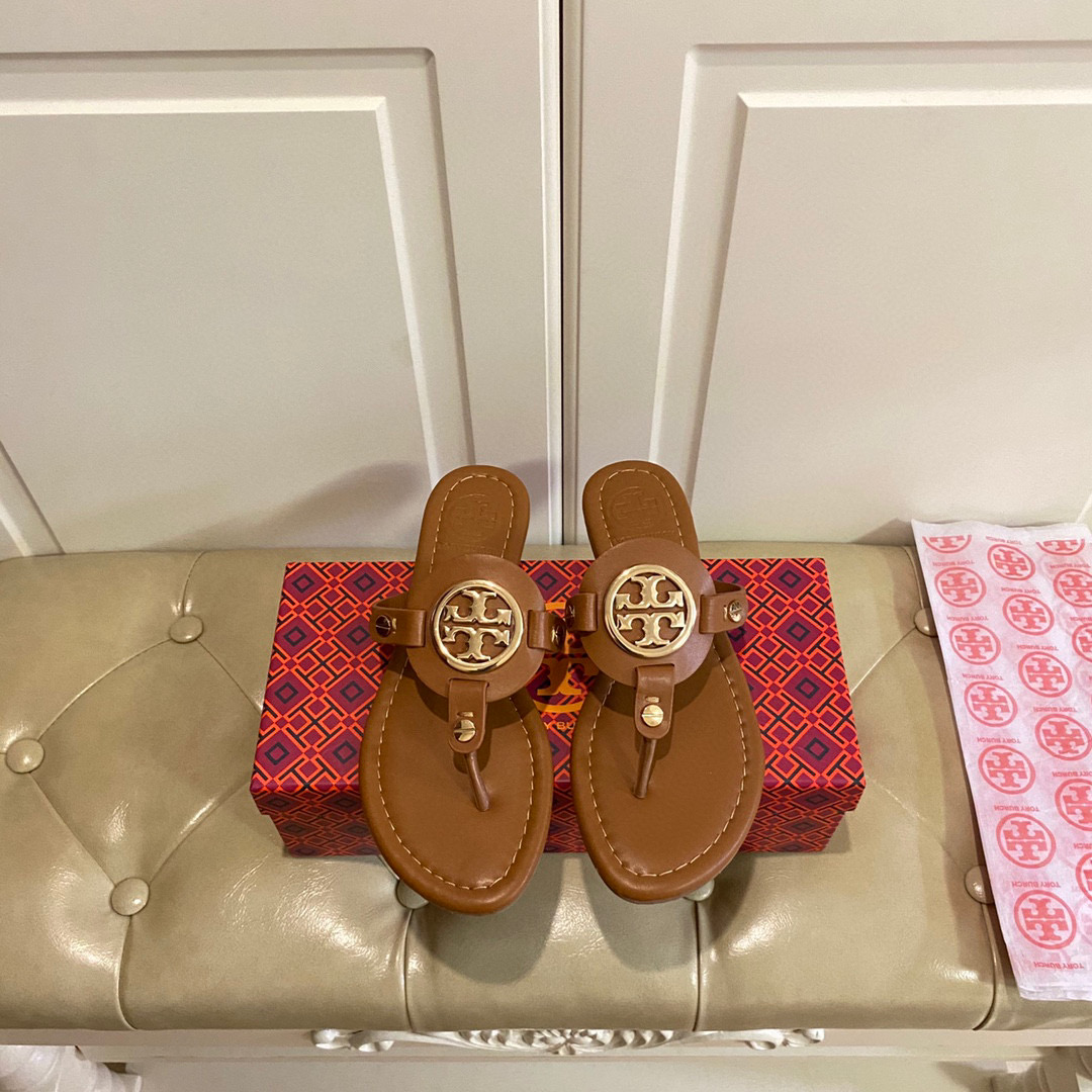 Tory Burch Leather Metal Logo Flip-flops Sandals Slide (Replica)