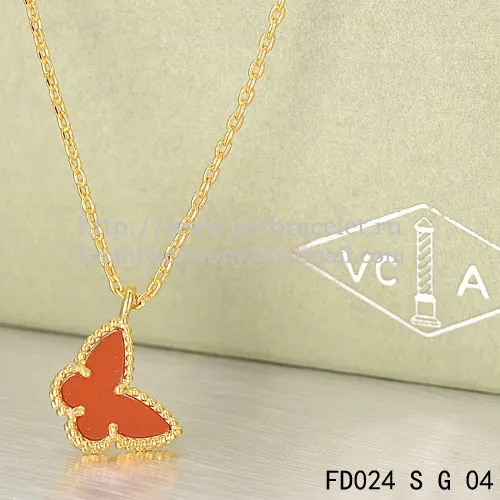 Van Cleef Arpels Lucky Alhambra Butterfly Necklace Yellow Gold With Carnelian Mother Of Pearl