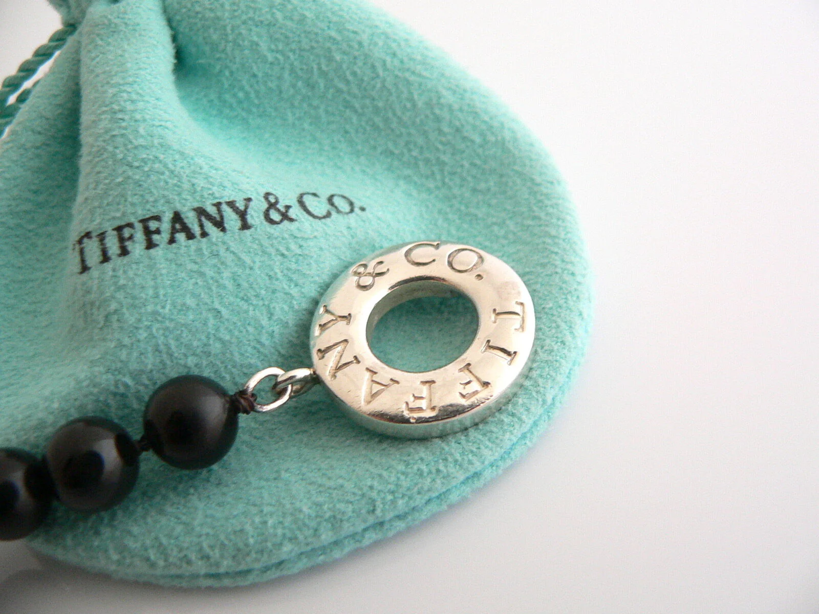 Tiffany & Co Silver Onyx Bead Toggle Bracelet Bangle Gift Pouch Gemstone