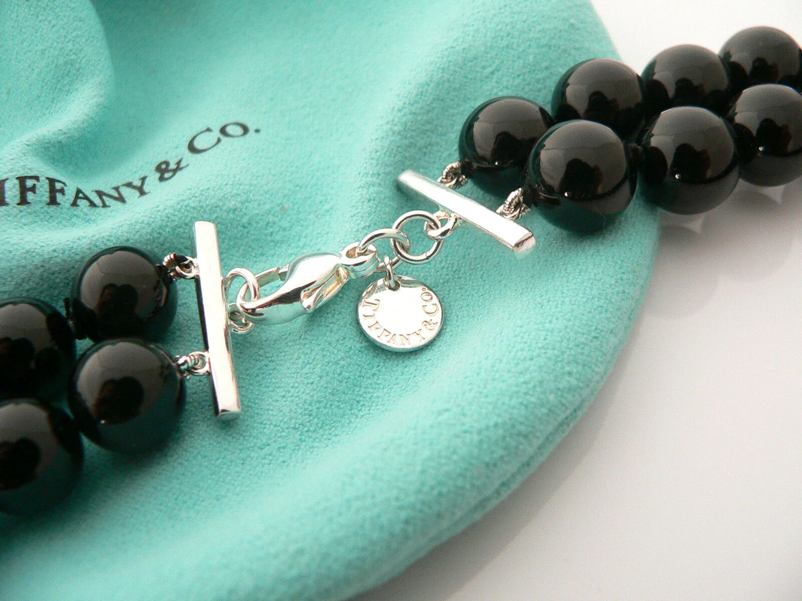 Tiffany & Co Silver Onyx Gemstone Ball Bead Necklace Double Strand Chain Gift