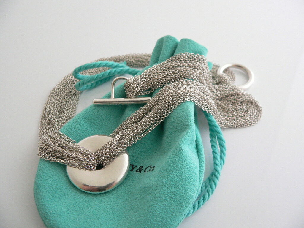 Tiffany & Co Silver Circle Mesh Necklace Pendant Chaim Link Chain Gift Pouch