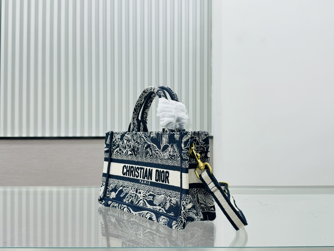 Dior Book Tote Mini Black And Blue Tiger Embroider Shoulder Bag Handbag