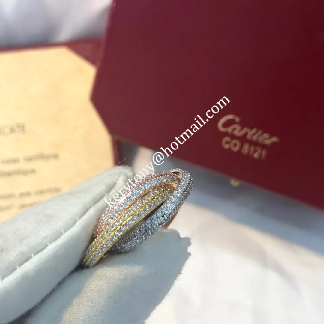 Spring Fashion Cartier Trinity Ring White Gold/Yellow God/Rose Gold With Pave Diamonds N4227600 High End