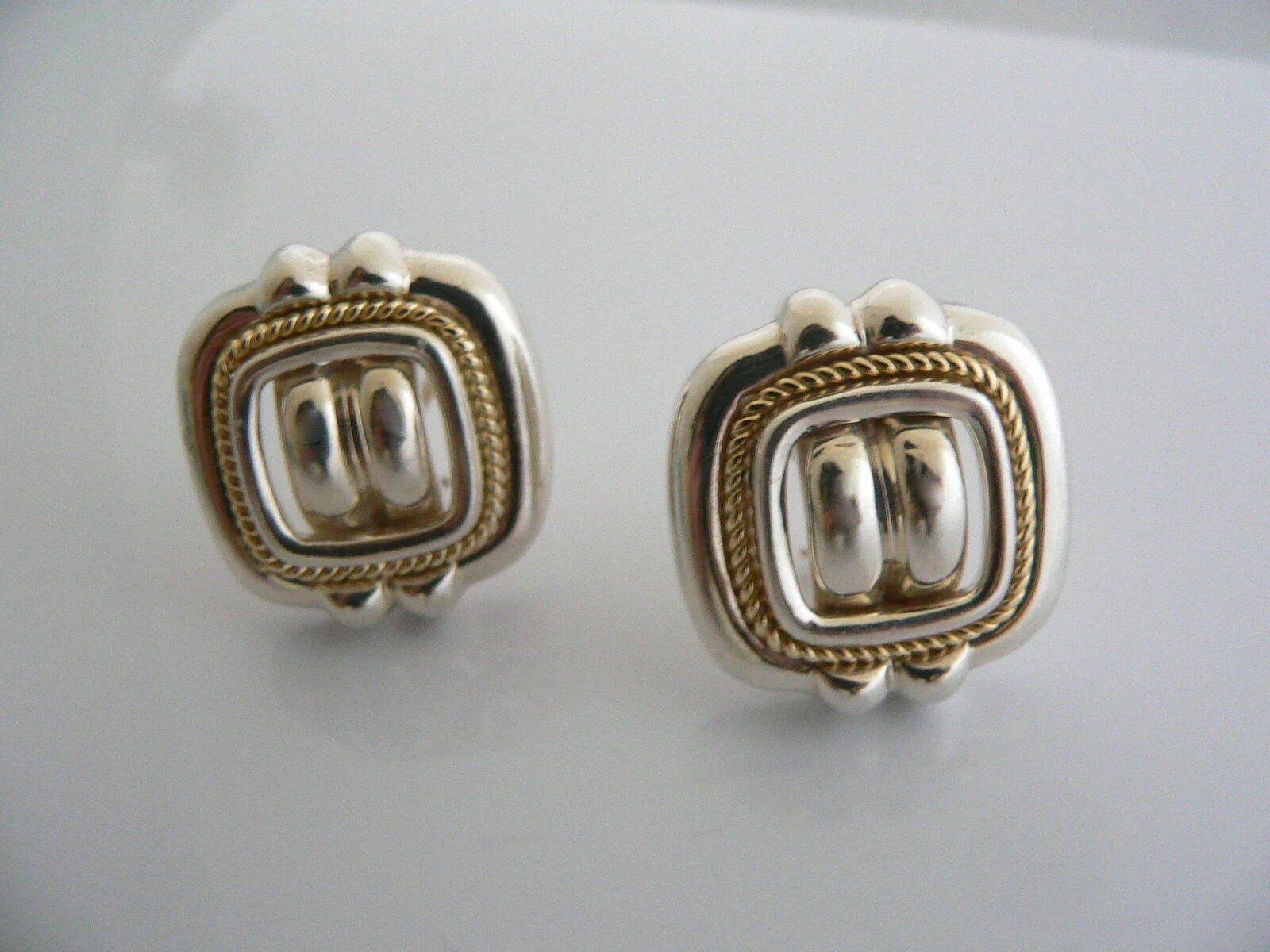 Tiffany & Co Silver 18K Gold Rope Square Clip On Earrings Gift Pouch Love