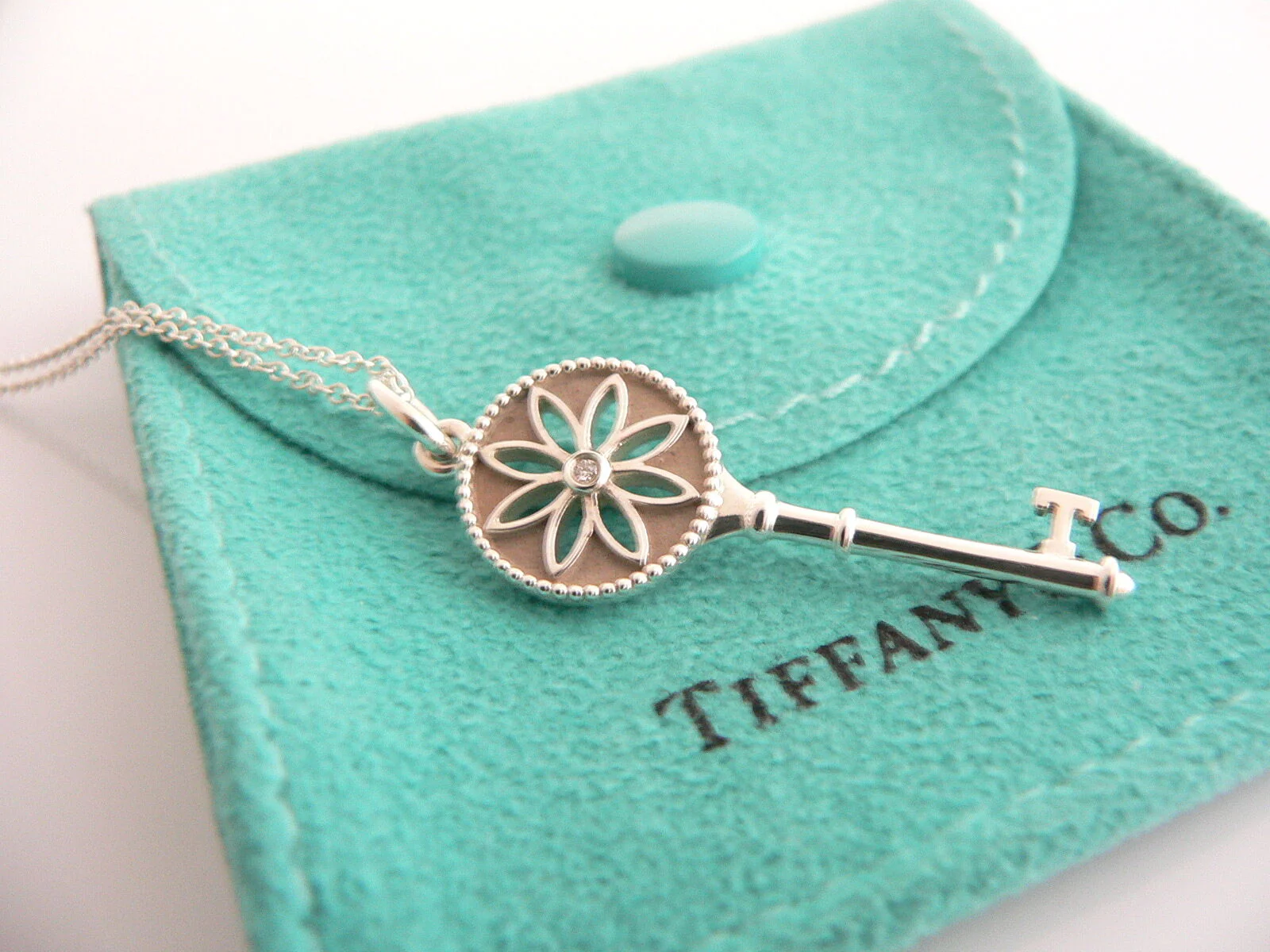 Tiffany Co Diamond Daisy Key Necklace Nature Pendant 18 In Chain Silver Gift Art