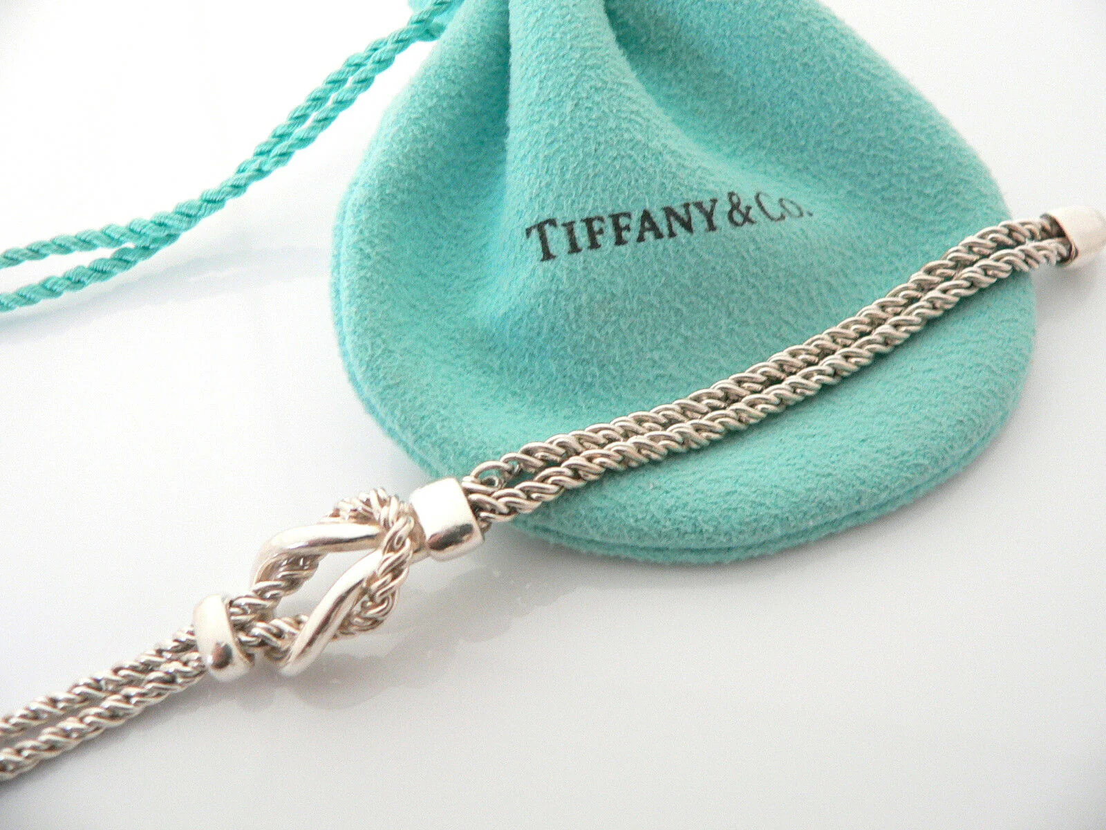 Tiffany & Co Silver Double Rope Knot Bracelet Bangle Rare 7.5 In Gift Love Pouch