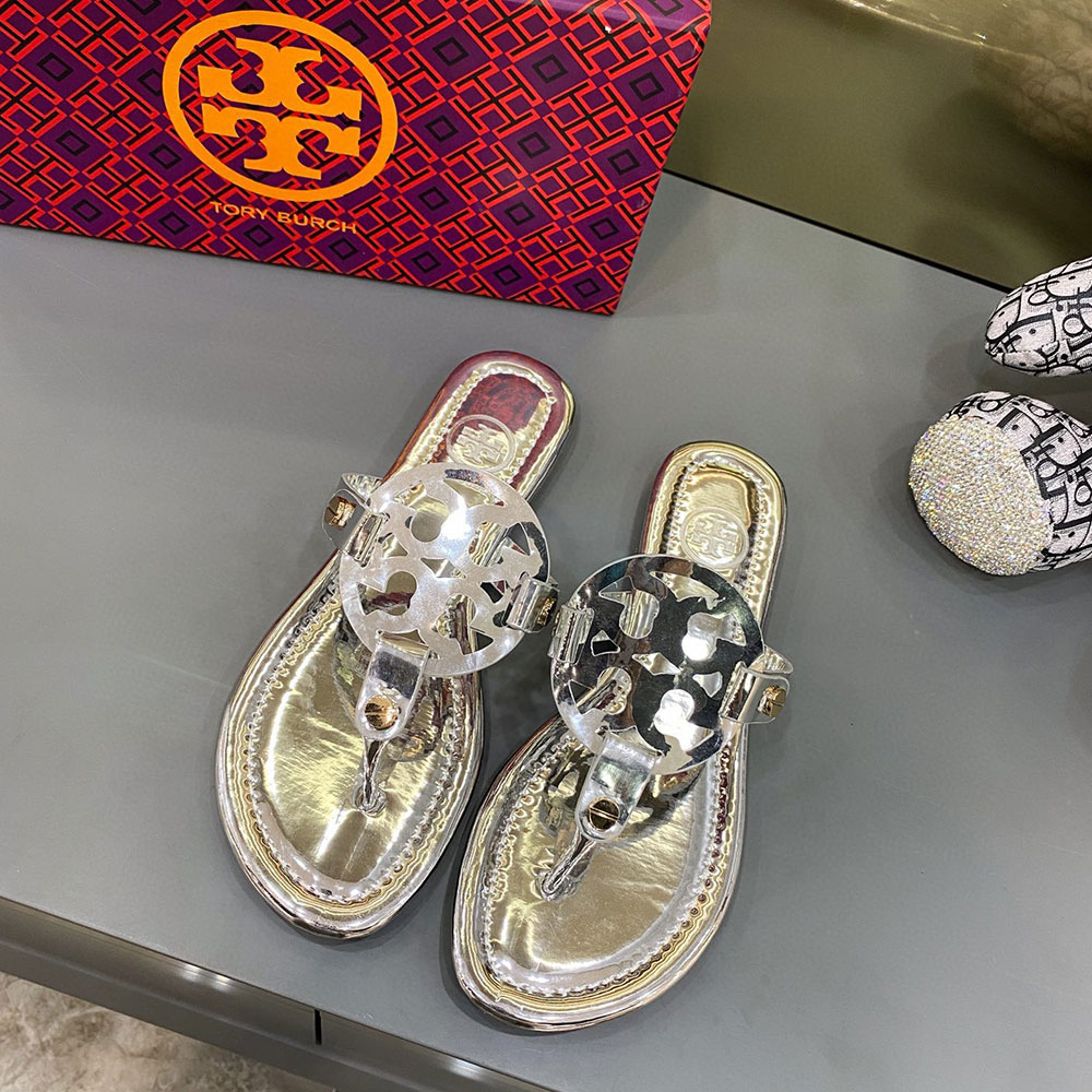 Tory Burch Leather Metal Double T Logo Flip-flops Sandals Slide (Replica)
